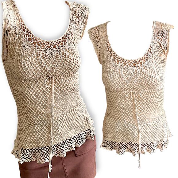 Y2K Crochet Open Weave Tank Top Scalloped Hem Boho Fairycore VTG Festival Chic S - Picture 9 of 14